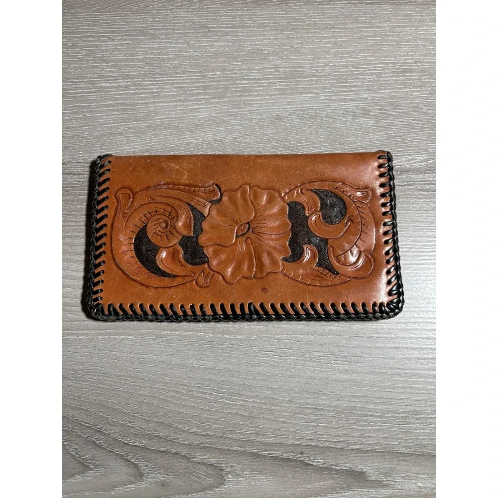 Vintage Hand Tooled Leather Checkbook Cover Western Floral Whipstitch Tan Black
